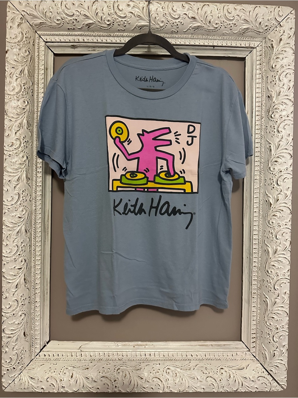 Keith Haring DJ Dog Graphic Tee | Light Blue Pop Art T-Shirt Size Large